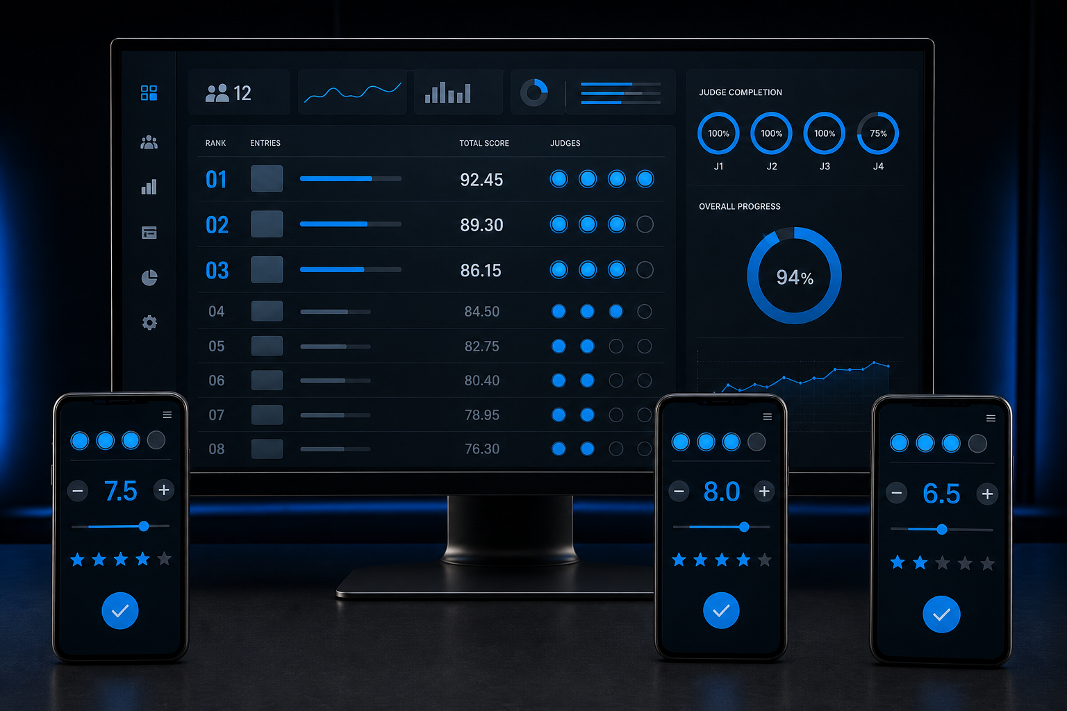 管理画面と審査員用スマートフォンで構成されたTriMergeSCORE